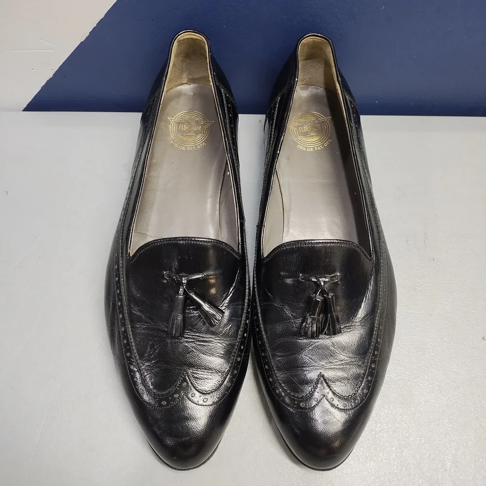 Florsheim Wingtip Loafers Mens US 10EEE Black Tassel Pointed Toe Comfort Slip On